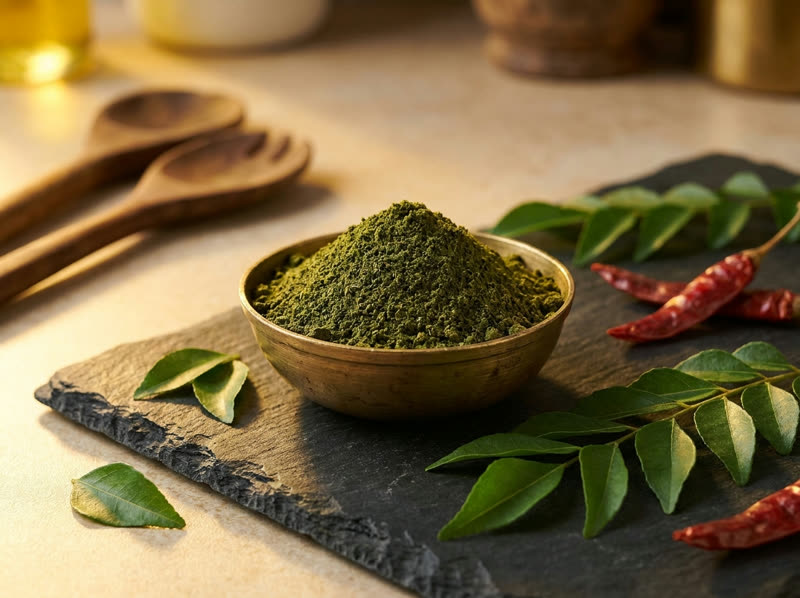 Curry leaves powder with fresh curry leaves
