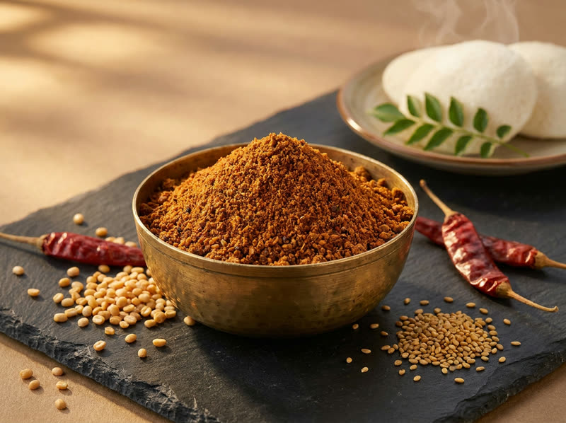 Idli podi in a brass bowl with idlis