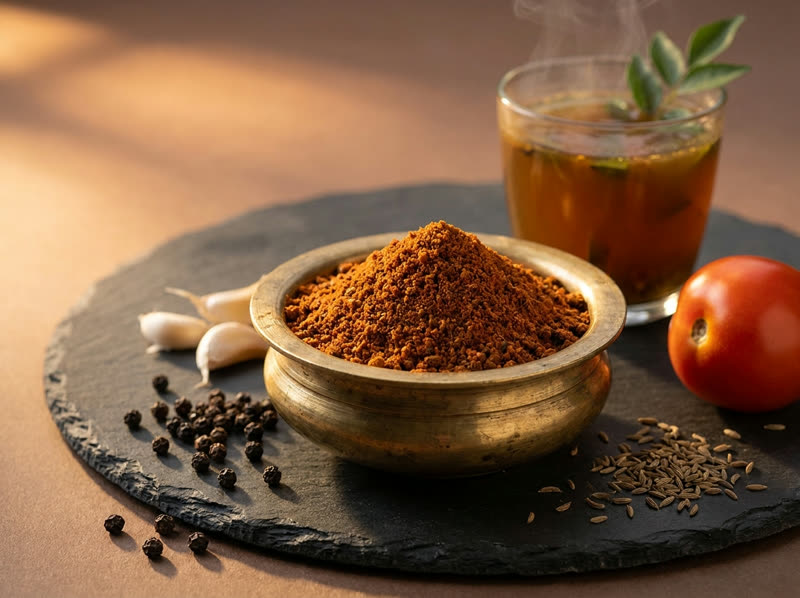 Rasam powder with tomato, garlic and pepper