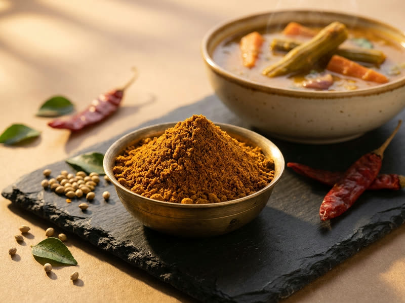 Tiffin sambar powder with a bowl of sambar