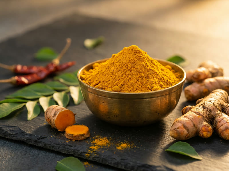 Turmeric powder with fresh turmeric roots